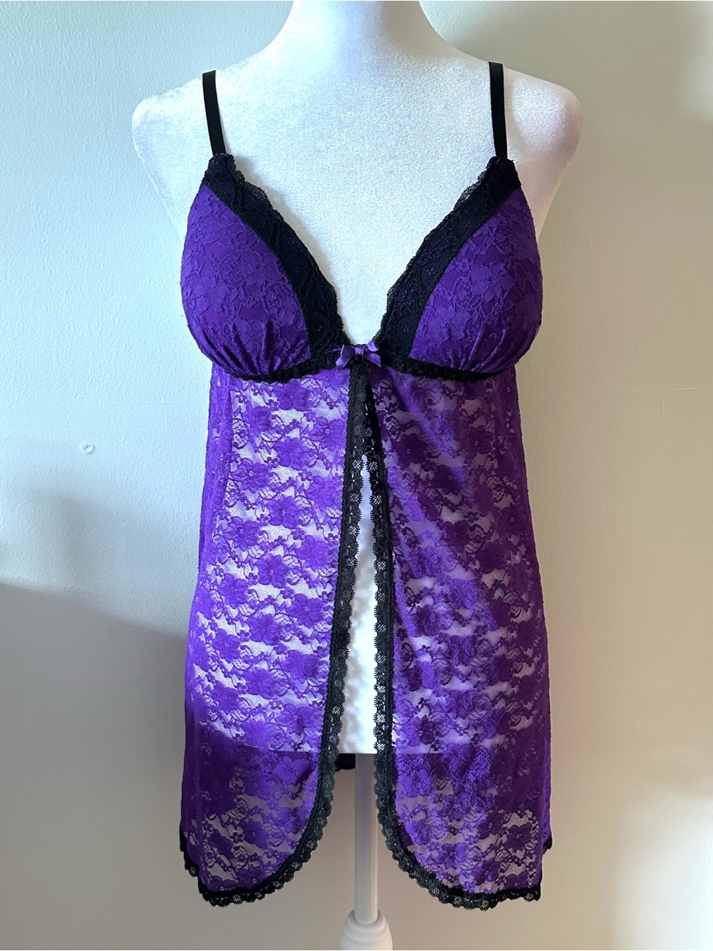 Women’s Sexy Dark Purple Lace Essential Stylish Babydoll Chemise with Black Trim